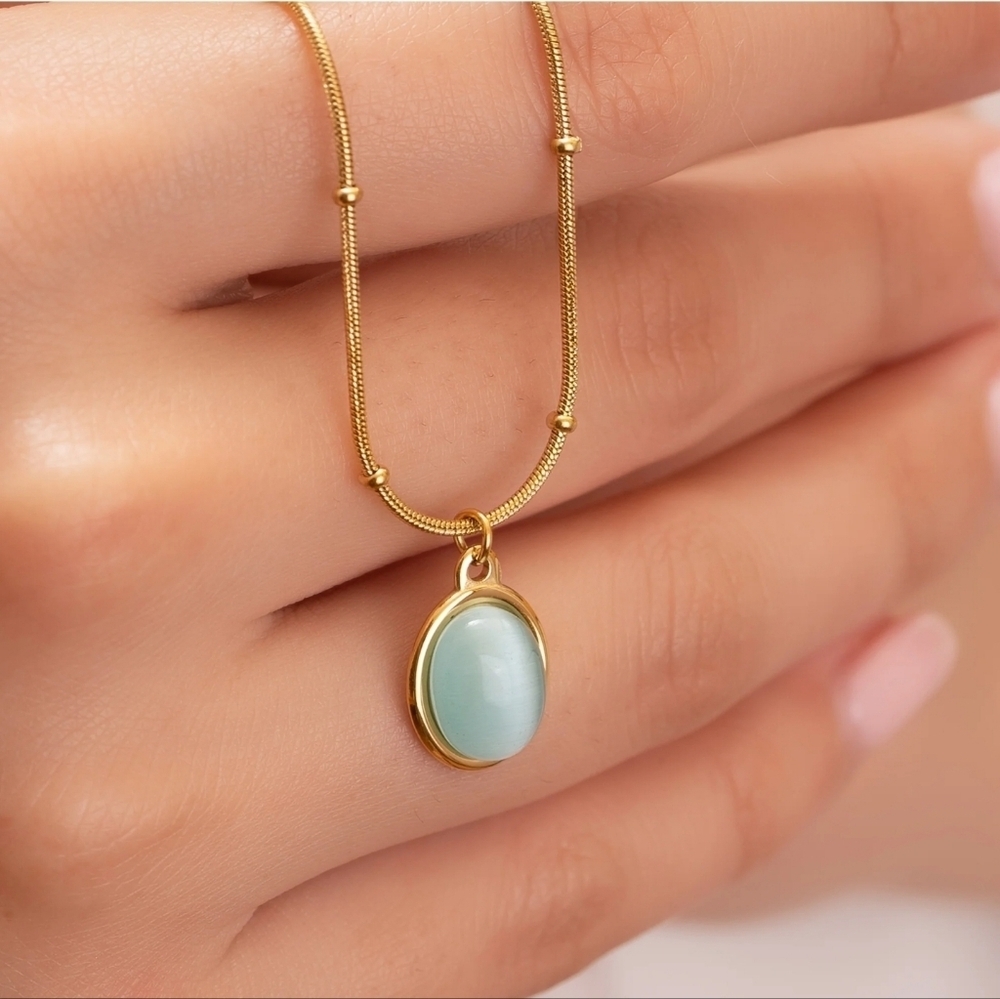 Elegant Stsinless Steel Gold Necklace with Blue Pendant
